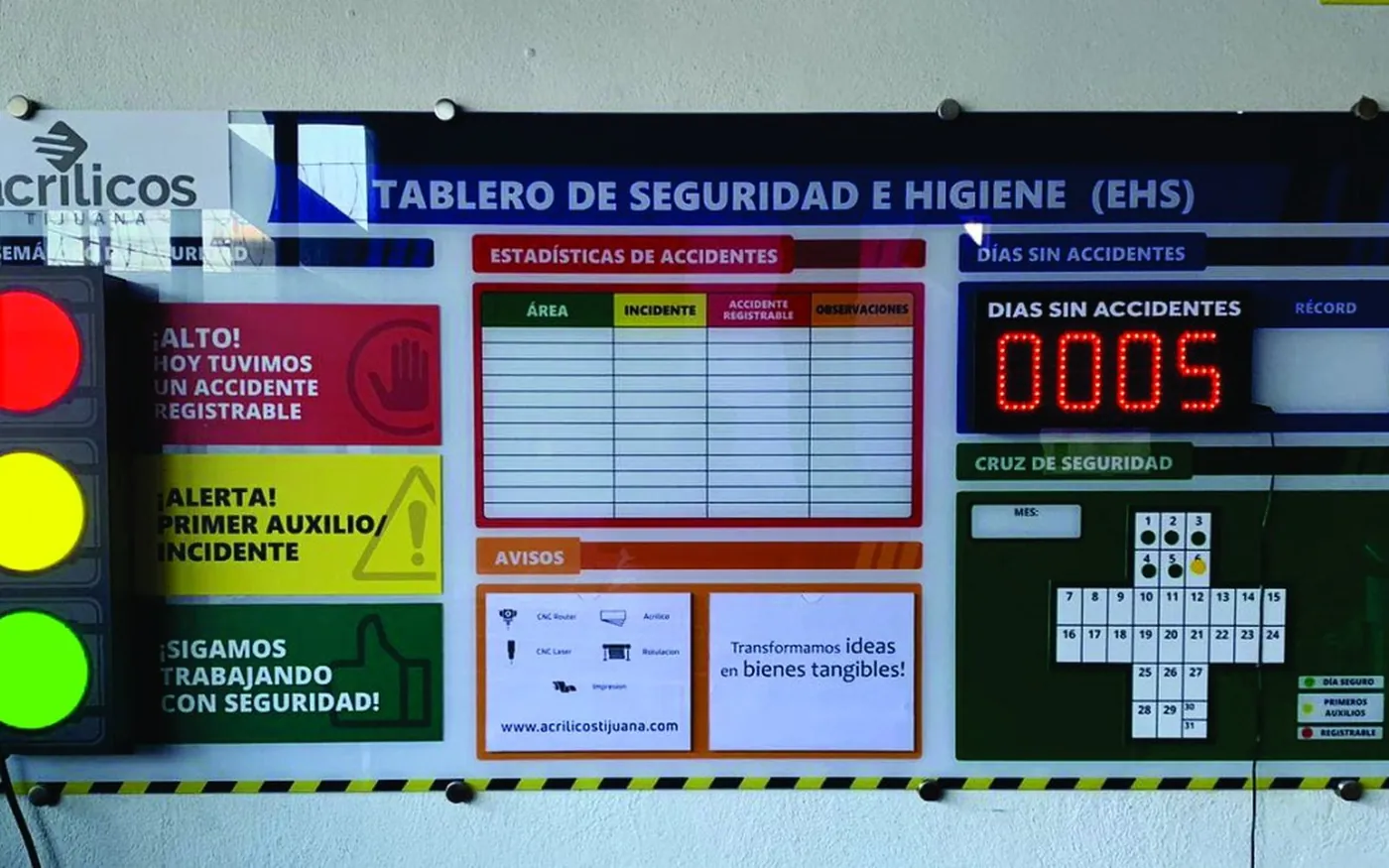 Tablero de seguridad e higiene instalado en planta maquiladora por Acrílicos Tijuana