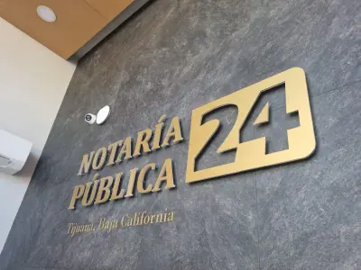 Letrero de acceso en acabado dorado · Notaría Pública 24