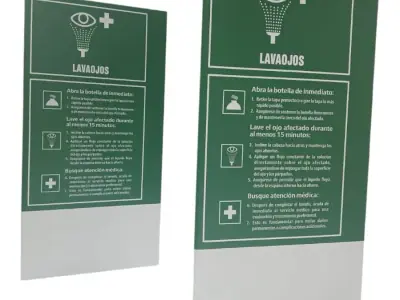 Señalética de lavaojos en acrílico verde, con pictograma e instrucciones